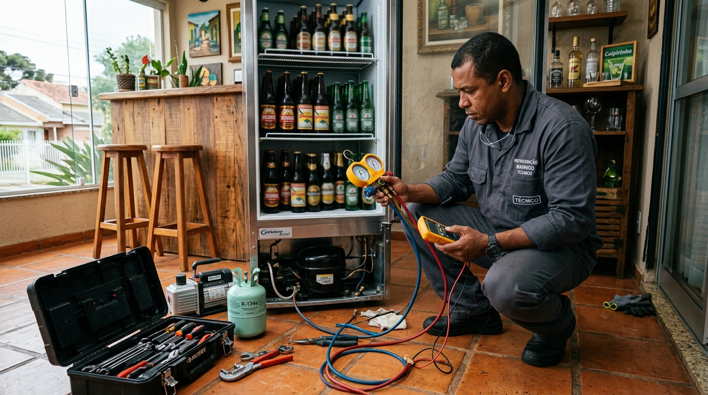 Profissional executando reparo no motor de cervejeira no Serrano, Caxias do Sul‑RS