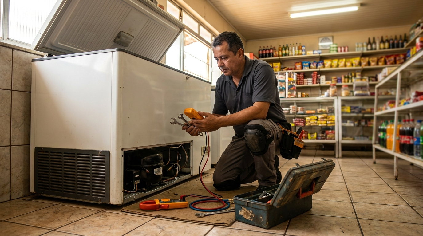 Profissional executando manutenção no motor de freezer em Caxias do Sul‑RS