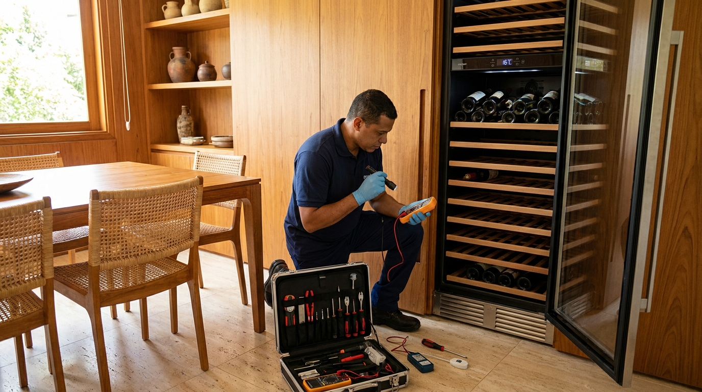 Substituição de termostato em adega climatizada em visita técnica na Cidade Nova, Caxias do Sul‑RS