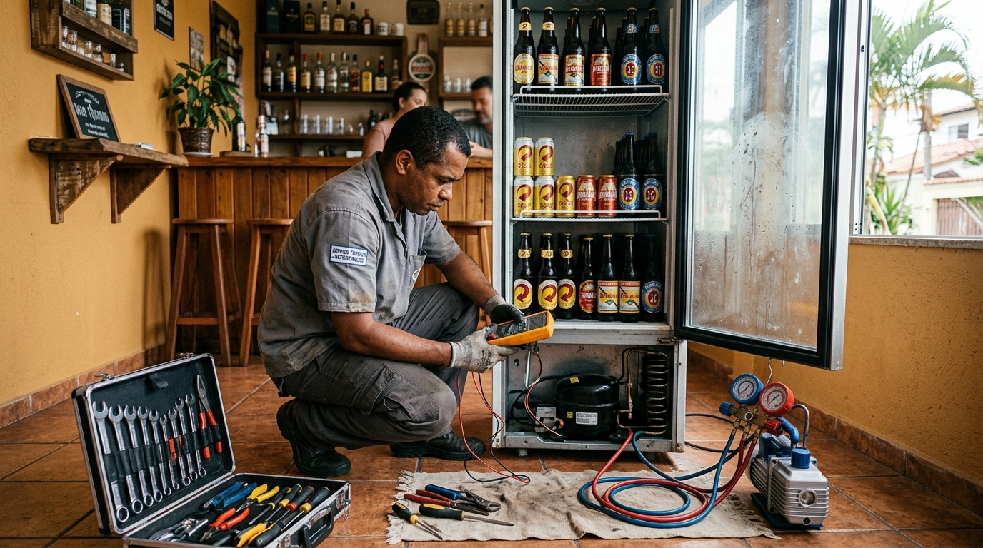 Substituição de termostato de cervejeira em serviço técnico no Serrano, Caxias do Sul‑RS